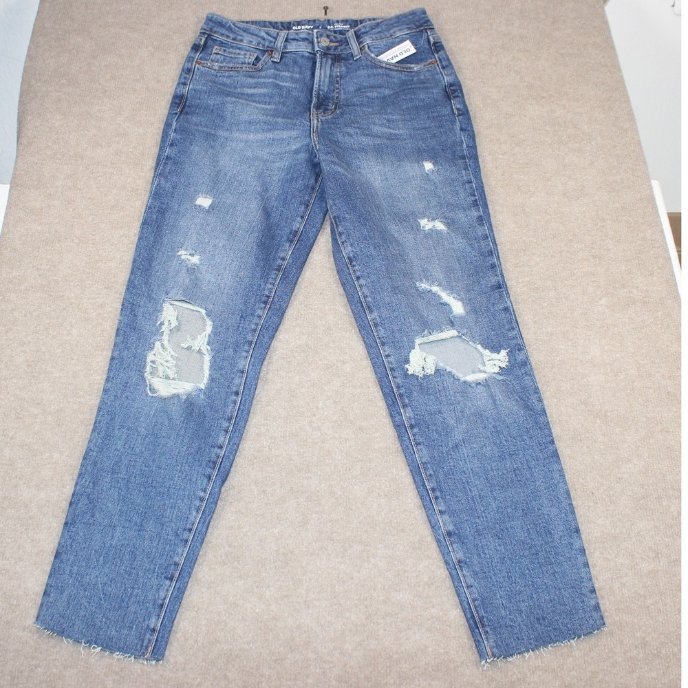 Old Navy OG Straight High Rise Distressed Jeans Medium Wash Size 6 Raw Hem